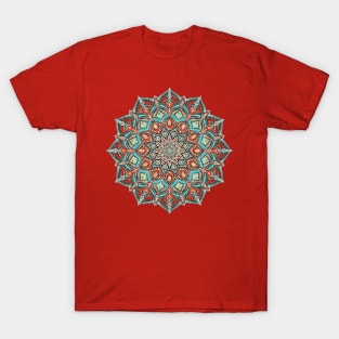 Teal, Red and Black Boho Painted Mandala T-Shirt